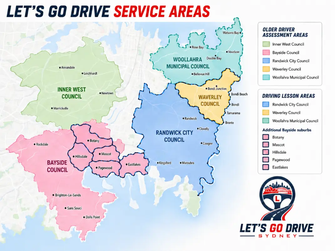 Let’s Go Drive driving lesson and older driver assessment service areas in Sydney